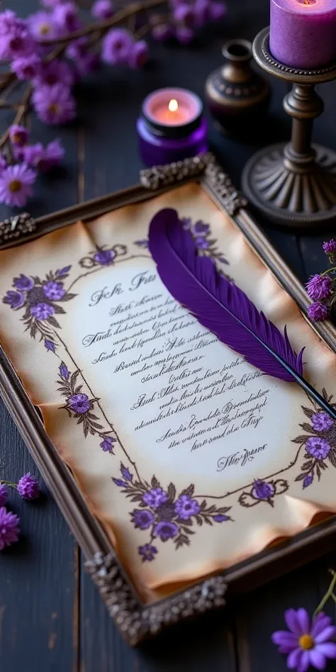 A vintage, still life composition, reminiscent of a gothic or historical fantasy scene. Rich, muted purple tones dominate, with hints of darker violet and deep indigo. The scene is set on a dark wood surface with an antique, framed parchment document as th...