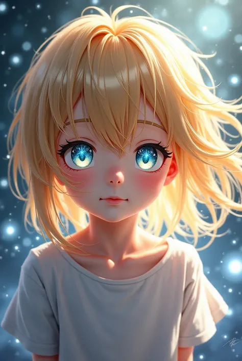 Make me a character from the anime Oshi No Ko. Boy with long light blond hair, Eyes with irises with stars in them