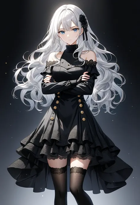 white hair, 1female, anime-style, full body, long wavy hair, blue eyes, delicate facial features, wearing a black gothic-style dress, high-neck sweater dress, off-shoulder sleeves, fingerless gloves with lace trim, gold button details on the dress, layered...