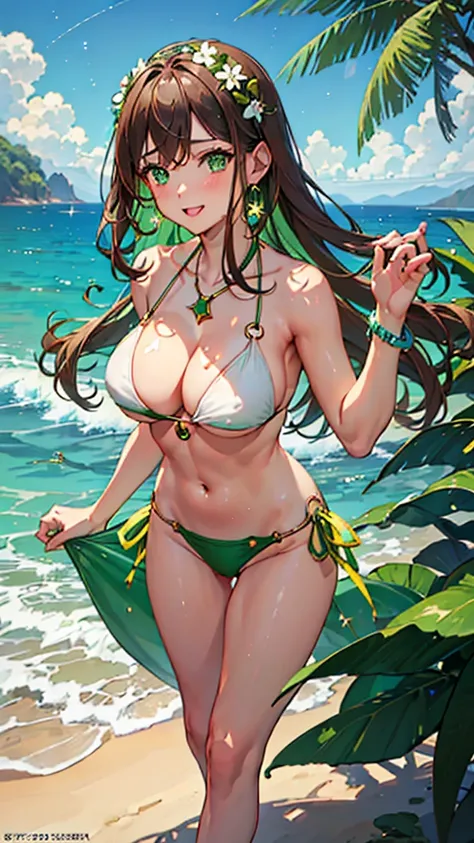 (masterpiece), best quality, expressive eyes, perfect face,brown hair,green eyes,cleavage,big breasts,((green and white O-ring bikini:1.3)),heel sandals,(bare shoulders), Blue crystal pendant,bracelet,smiles,beach,(night:1.1),(starry sky:1.2),standing,sexy...