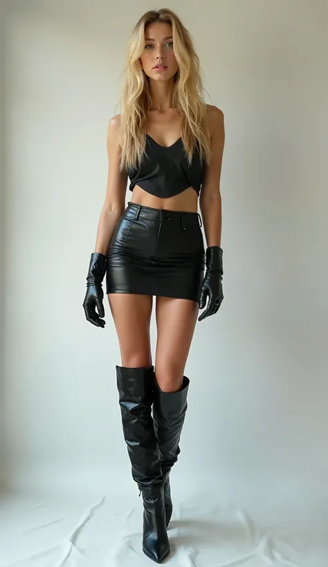  Photo of a full-length blonde girl in a short skirt, knee-length boots and black leather gloves.