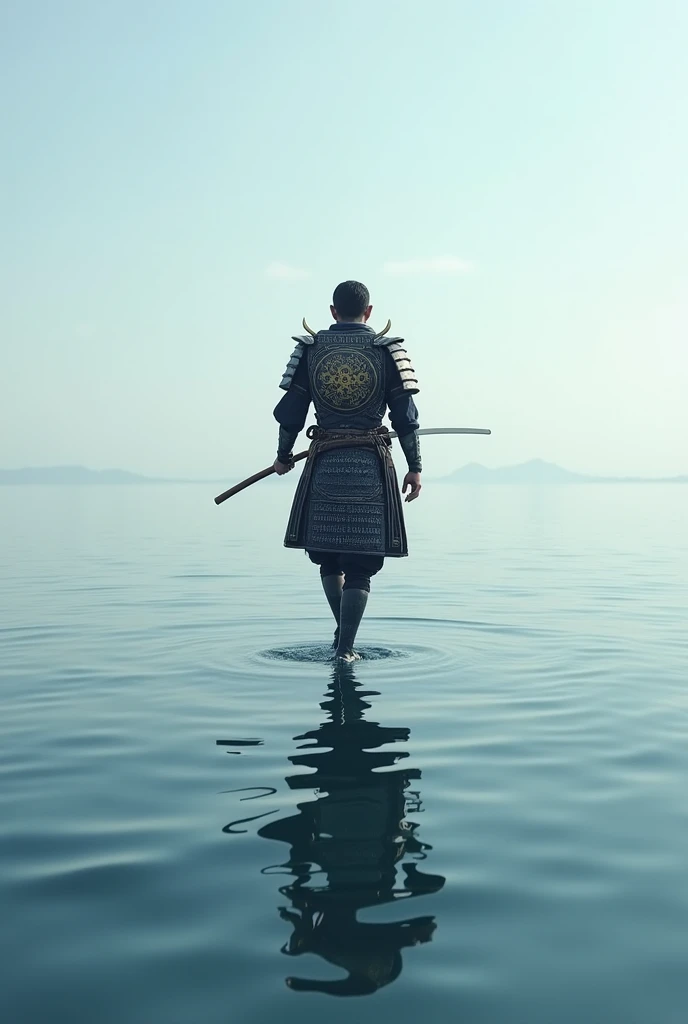 Create a samurai men inspired by the sign of Pisces, walking on the waters of a calm ocean, ultra realistic