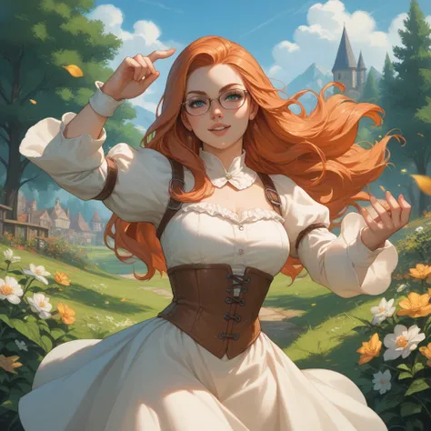 Gardener woman with glasses. Medieval rpg druyd. Long hair. Dynamic pose. Using plant powers.