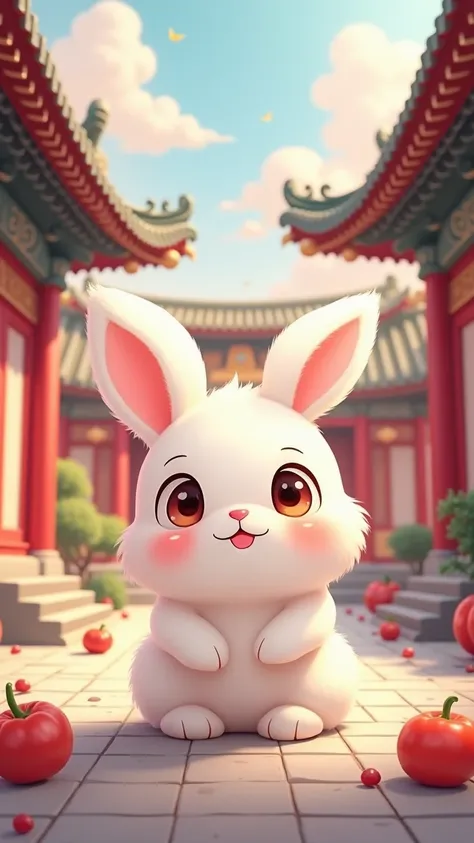 Créer un lapin blanc kawaii avec de grand yeux qui nous regarde, avec en arrière plan un palais chinois 