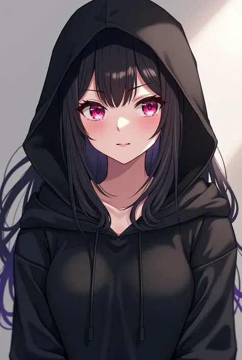  Anime Girl,  looking directly at ,  wearing a black hoodie,  Hair ,  black hair , detailed pink eyes ,  black sweatshirt.