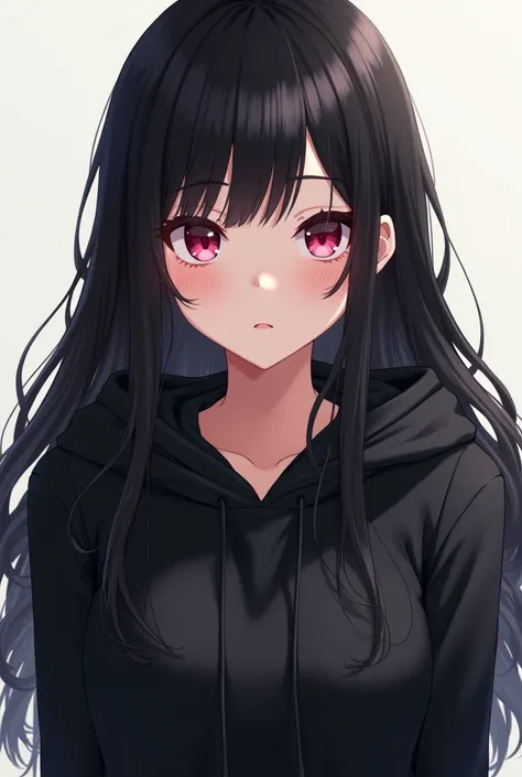  Anime Girl,  looking directly at ,  wearing a black hoodie,  Hair ,  black hair , detailed pink eyes ,  black sweatshirt.