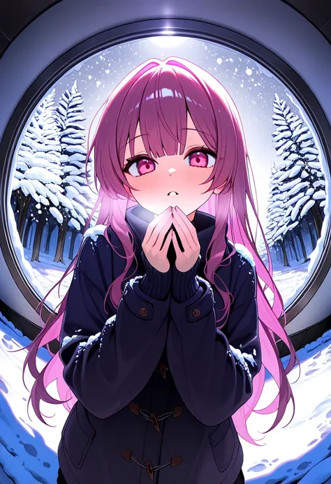 alone, 1 girl ,pink purple inner hair,pink Eyes,long Hair, Long Sleeve ,Snow, widescreen,  fisheye shot, 