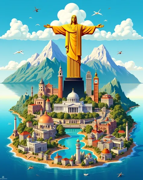 Create an image highlighting tourist attractions in Brazil, Canada,  United States , Spain, Portugal,  SWITZERLAND  