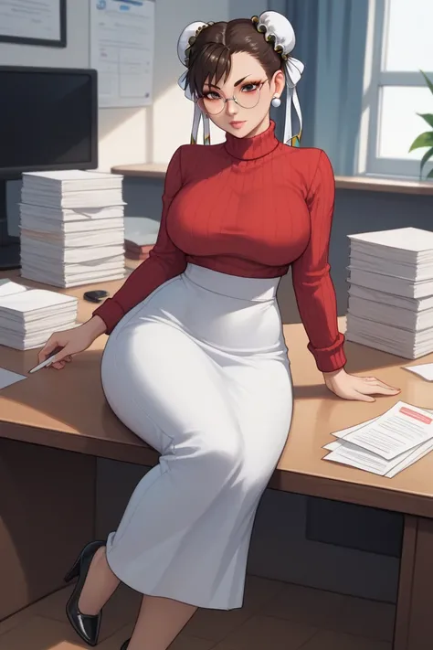 Make Chun Li busty  (88cm bust ,waist: 58 cm,  Hips: 90 cm.) but in office attire, Long skirt up to your knees, sweater,  round lenses,  black heels, Hair tied up and with some papers in hand. (But make her look like a nerd.) And put a bra of his own on hi...