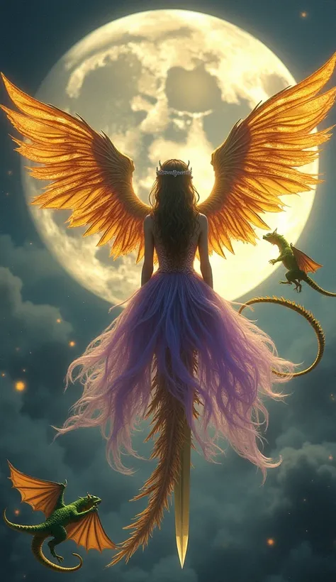 A phoenix girl made of golden wings and a purple transparent dress soars while sitting on her sword in the sky, the moon rises behind the girl and ancient dragons made of green glowing scales surround her very detailed dragon wings 