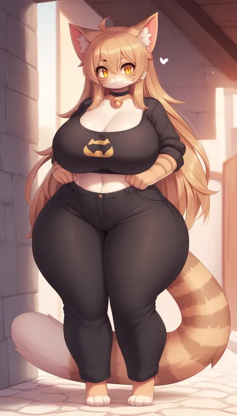 Cat girl, (big breasts)very long gigantic legs, (very wide huge hips huge ass)