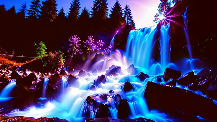 32K Resolution Masterpiece , top quality , super detailed, Extremely high resolution 32K wallpaper , shot with a fisheye lens ,Many layers of waterfall flow , a waterfall shining in cobalt blue luminescence,A bird's-eye view, The rock shines fluorescen...