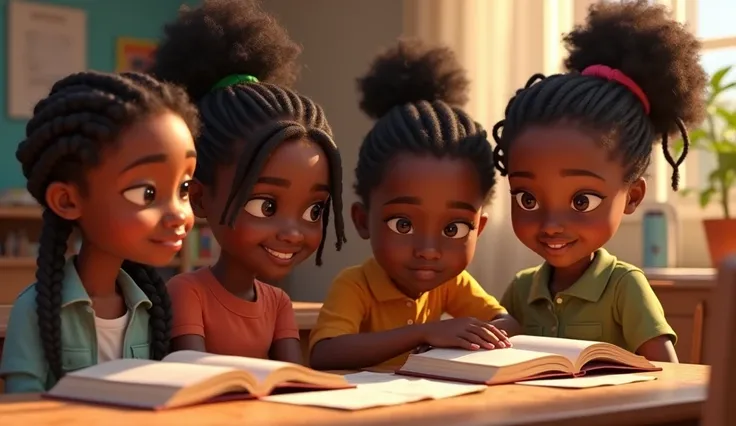 pixar style african american students looking inspired, braid hair, with one of them picking up a textbook and reading with curiosity. 