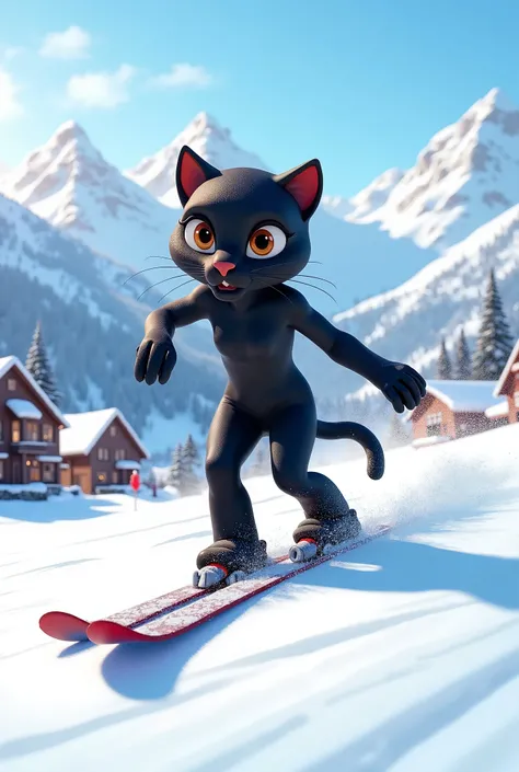 Cute Black female panther in black long sleeve long pants skiing suit at ski mountain resort. Vail Colorado.

Pixar Disney Cartoon Animation 