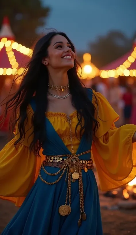  gypsy woman with long black hair blue and yellow dress with closed neckline with ruffles ruffled sleeves, Belt with gold coins around the waist, dancing,  in the blurred background with gypsy carriages gypsy tents, bonfire, night, Eyes closed head tilted ...