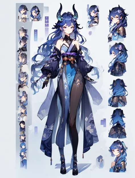 ((masterpiece)), (( best quality )), (( high resolution )), full denim boots, soles, white soles, fantasy, Genshin Clothing, Genshin Outfits, fantasy theme, Genshin costume, fantasy theme, , character information panel, standing, long blue hair, mint eyes ...