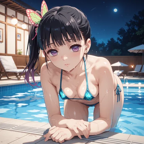 kanao tsuyuri, black hair, butterfly, butterfly hair ornament, purple eyes, side ponytail, ponytail, Tempting body, gradient hair, glossy skin, glistening skin, Bikini Swimwear, Bikini bottoms, sexy pose, blush, shy, Pose seductively, Posing provocatively,...