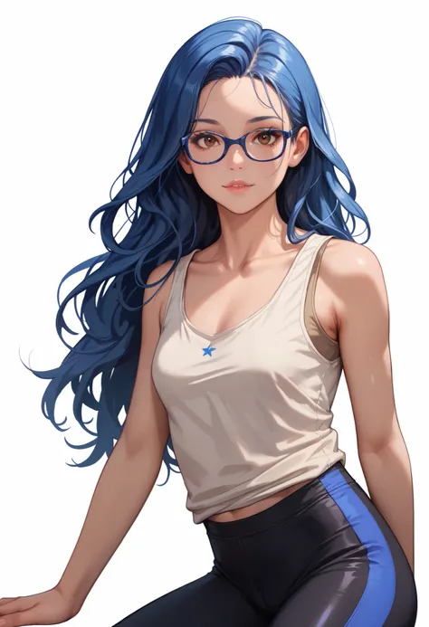 ((White background )) (Curve:1.1) rathing_safe ,((1girl)) , (solo girl) ,((Straight and blue shiny hair)), Slim face (straight blue long hair:1.5), lip stick, (brown eyes:1.2), Age 29 years ((Asia girl))  (Wearing glasses) ((white tank top:1.4))  ((Black s...