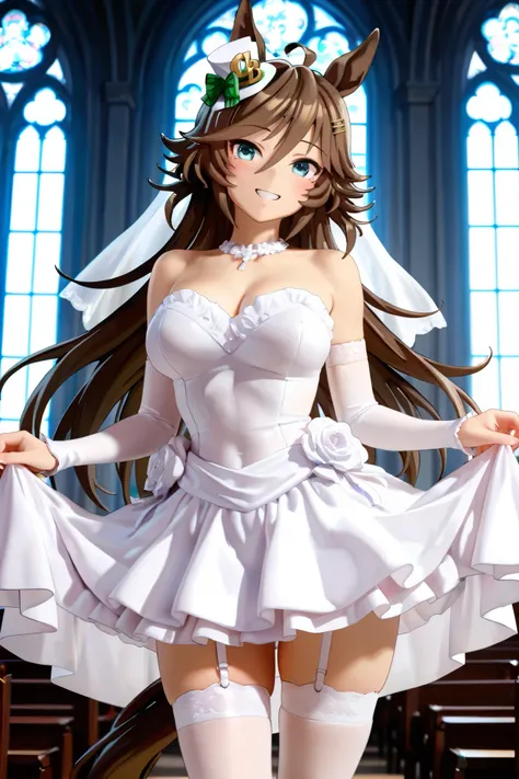 NSFW, Masterpiece, top quality, high resolution, very detailed,mr.c.b.\( umamusume\), Wedding Dress , miniskirt, detachable sleeves that span over subjectivity, Happy Smile ,church