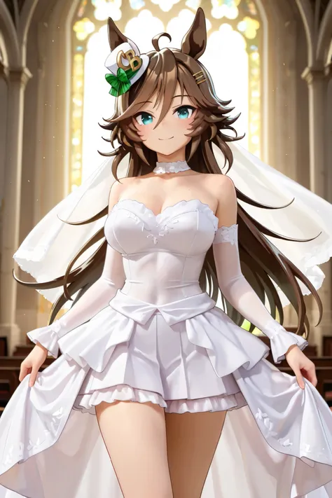 NSFW, Masterpiece, top quality, high resolution, very detailed,mr.c.b.\( umamusume\), Wedding Dress , miniskirt, detachable sleeves that span over subjectivity, Happy Smile ,church