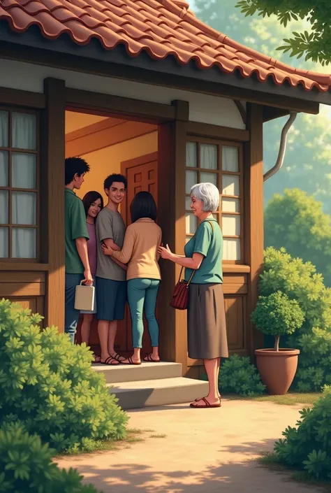 Create an image of a house with a line of people entering the house and a grey-haired woman welcoming the people who are entering the house. 
