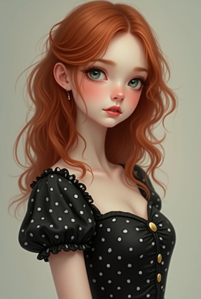 A natural red-haired girl with wavy hair up to the waist wearing a black polka dot dress, I hope it fits with sleeves, she has the perfect silhouette, an angelic face and green eyes and reddish lips, she also has slightly visible freckles.