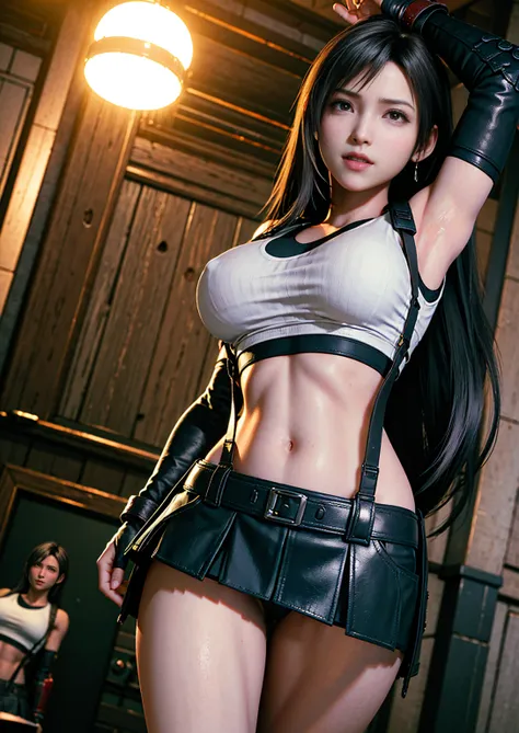 ( photorealistic: 1.4),  TOP QUALITY,  very delicate and beautiful ,  high resolution,  1 girl, Tifa_ Lockhart,  full body,smile, cowboy shot,Dancing,  suspenders , Low rise,  miniskirt,   tank top, Tense shirt,   black hair,  long hair,  elbow gloves,  BE...