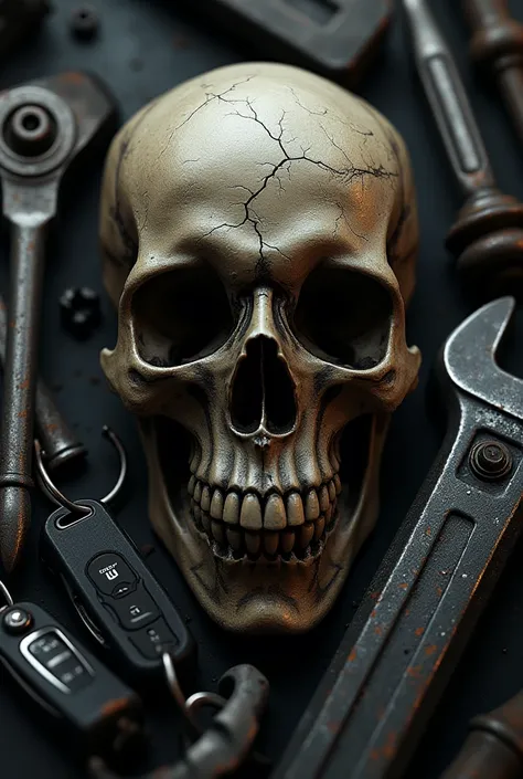 Image of pirate skull, with car workshop keys, screwdriver, black and white designer wrench 