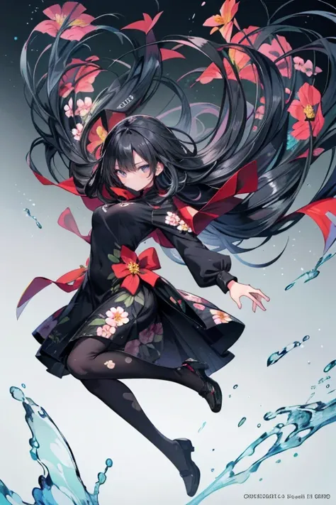  high resolution,8k, very detailed, top quality, Masterpiece, 1 woman(165cm tall, serious expression ,( black hair,long hair),  kitabkn, jumping, floating hair, floral print