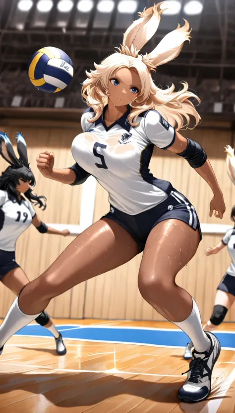 ((((  Masterpiece)))), ((((  TOP QUALITY)))),   high resolution,fine grain,  detailed face,   depiction of a face expressed in great detail,  Detailed Eyes 、Detailed faces、Hair drawn down to the smallest detail 、Sparkling Skin、sweat、viera, volleyball playe...