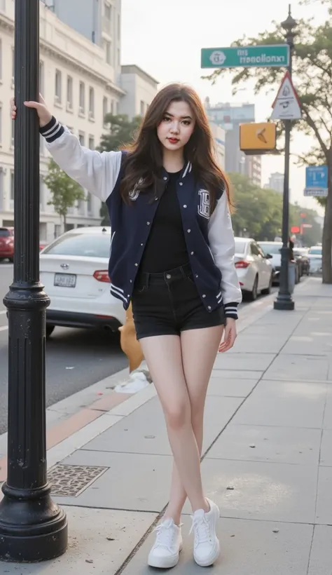 A woman stands and poses on the sidewalk, leaning on the street light pole, wearing a varsity jacket and black top, straight hair and wavy ends, volume and healthy hair, wearing black shorts jeans, short jeans, white shoes, in the morning, a cool style of ...