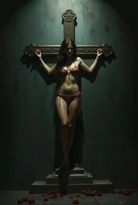 A cross and a stripper posing on it