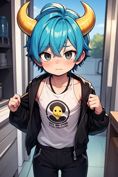  16-year-old anime boy ,  half blue haired , and half white ,  yellow shirt , jacket, celeste,  black pants ,  black eyes with a white dot, With horns with a nervous and flushed face 