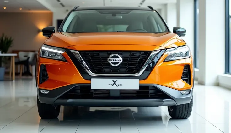 1970Close front up view of painted "  orange with shiny clour 2025  Nissan X trail leek in large shape sedan in large size with s logo on its large detailed grille in shiny white clour with angular sporty design captured from close front view witwh modifie...