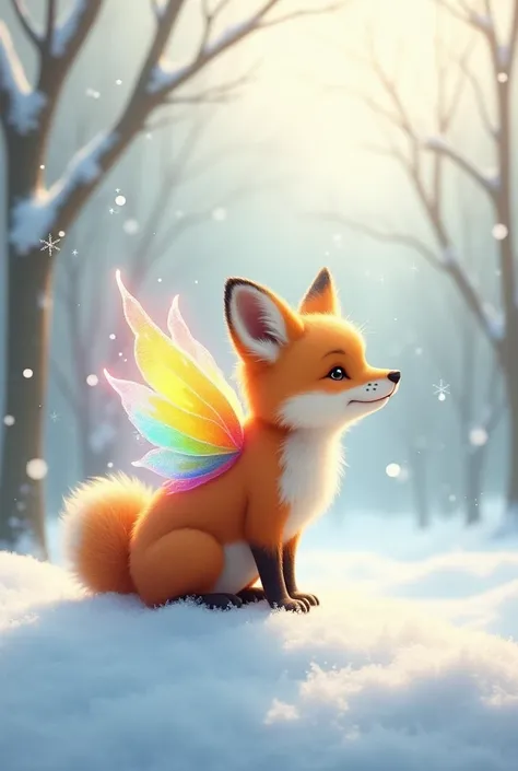 Little fox with small rainbow color wings. In winter with snow.