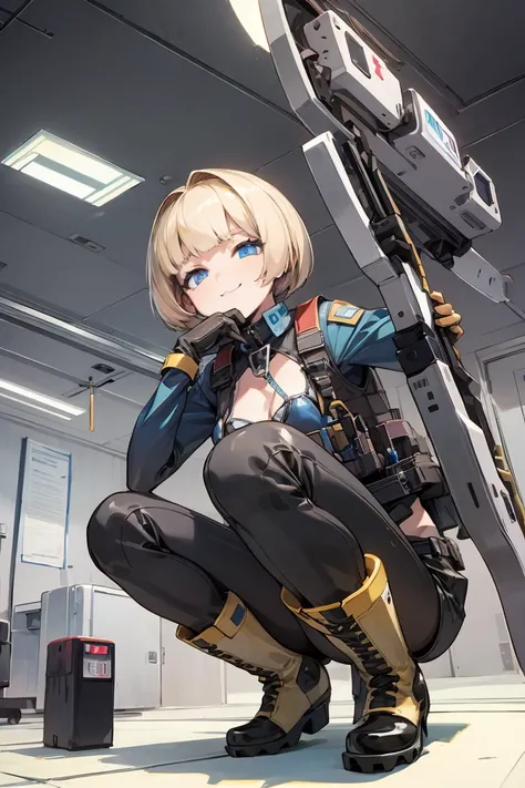 (( high quality)), (( Masterpiece)), 8k, petite slender blonde bob haired blue-eyed girl、   bulletproof vest, latex gold bikini、 squat pose ,  highly detailed CG Unity 8k wallpaper ,  game cg,  viewers,  gloves,  boots,  Computer , Drone,Inside the militar...