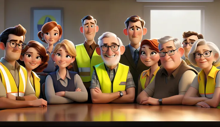 High resolution, extreme, detailed portrait, Pixar style cartoon characters, a group of men and women sitting around a rectangular table in a conference room, everyone is wearing a bright yellow safety vest with reflective stripes, various older people dif...