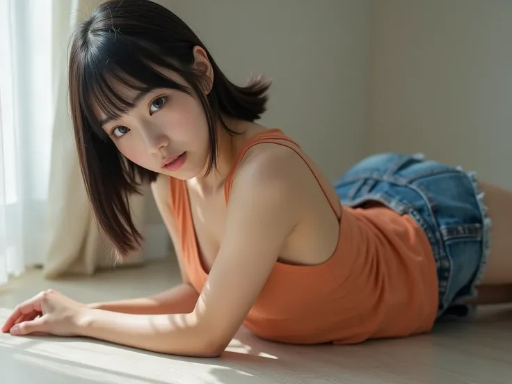  portrait photo , Masterpiece, nsfw,8k,focus on lip,side shot,shooting from below,( sensual on all fours pose on floor, immature body,  flat chest, Wide pelvis,  small ass,  toned thick legs ),( 13yoJapanese girl , 148 Height cm , pale skin), black hair, s...