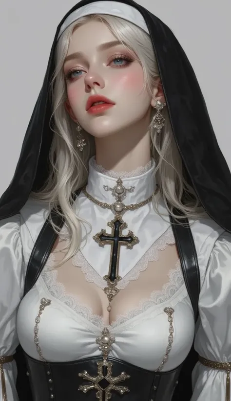  This is extremely detailed ,   digital illustration of a young woman wearing a provocative nun costume  ,   black cross drawn on plump lips  ,  Photorealistic Style .   The subject is a light-skinned woman with a pale complexion  , length,  ウェーブのかかった黒い髪がの...