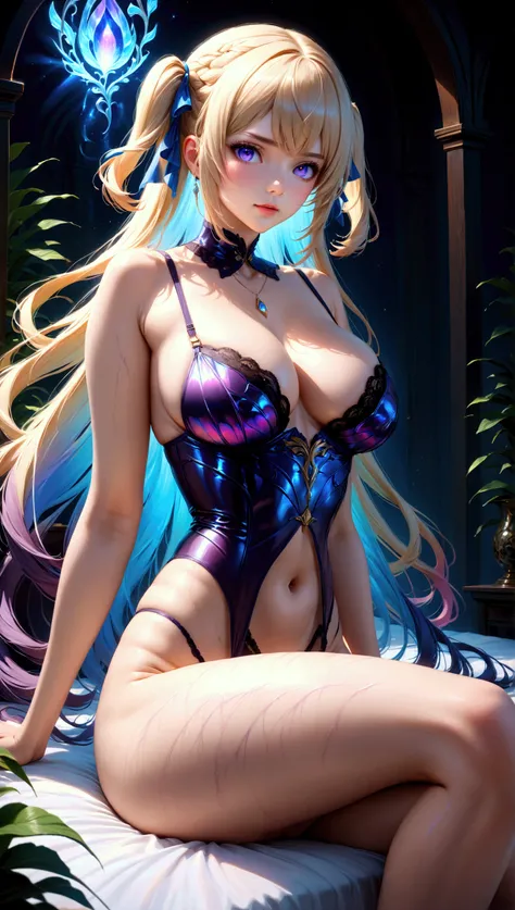 (1girl), (human), (Aeonis Serah Lumira) , (very long smooth straight dark purple hair and inner dark iridescent hair), (detailed dark iridescent eyes) , (perfect body) , (sitting in a room on bed wearing bra bottomless) , (Realism) ,((( masterpiece, very a...