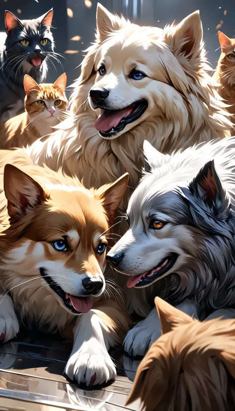 Multiple dogs and cats are fighting , ((Improve the quality of the whole body )), Clean the lines, Make it a deep and attractive color, Naturally create a delicate, fine coat , Add intricate details with clean lines, Please raise the resolution to the ex...