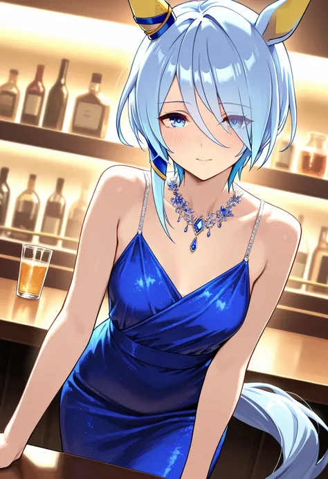 (masterpiece), highly detailed, best quality, (high resolution), 8k, 1girl, solo, k.s.miracle, umamusume, short hair, blue hair, horse ears, horse girl, horse tail, blue eyes, cinematic angle, looking at viewer, blue dress, party dress, indoor, bar, closed...