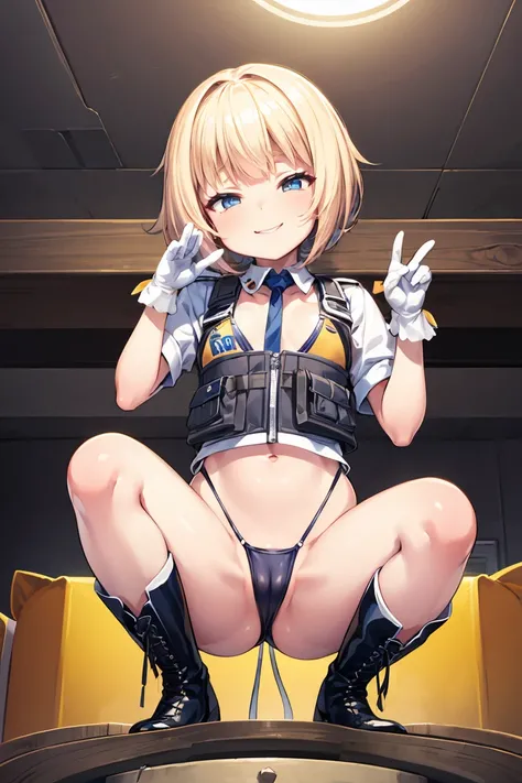 (( high quality)), (( Masterpiece)), 8k, petite slender blonde bob haired blue-eyed girl、   bulletproof vest, latex gold bikini、 squat pose ,  highly detailed CG Unity 8k wallpaper ,  game cg,  viewers,  gloves,  boots,  Computer , Drone,Inside the militar...