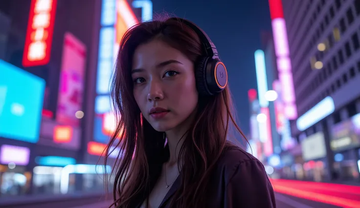 The best photos for TikTok、Beauty、 DYNAMIC ANGLES、ヘッドフォンをしているBeauty、Night city background with neon lights