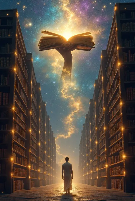 Create a surreal cosmic library where infinite books float, each writing itself with golden ink, recording the story of every living being—past, present, and future—of Kaliyuga. At the center, a divine, ethereal hand holds an enormous book, its glowing pag...