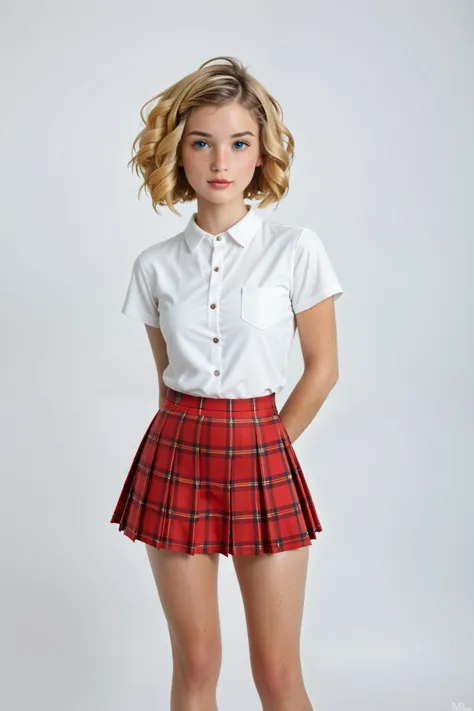 3/4 portrait of a beautiful young girl posing in front of a white background, supermodel, porcelain white skin, golden blonde hair, (bob hairstyle:1.5), (straight hair:1.5), she has freckles on her face, big eyes, petite, petite girl, skinny, skinny girl, ...