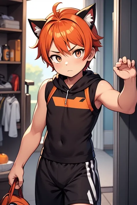  red-haired boy with orange hair,  Pokemon clothing theme ,  cat ears , pfp for Twitch , More serious guy