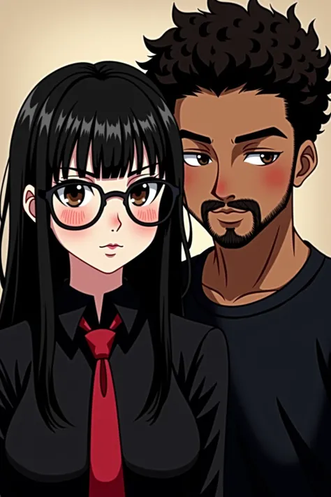  anime style,  a age couple of the same height . A has long black hair , She is Gothic ,  wears Rayban glasses and has fringe ,  dark brown eyes.  The boy has curly hair in an American cut, The skin color is brown with a mustache and short beard 