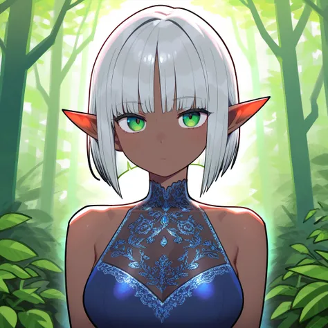 A female dark elf, silver bob cut hair, green eyes, breasts, Gorgeous dress with intricate embroidery, upper body, looking at the viewer, in the forest, sunlight, (artist:rariatto \(ganguri\):0.4), (artist:umishima senbon:0.8), very awa, masterpiece, best ...