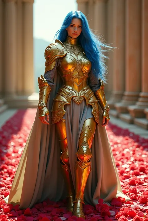 knight in gold armor with no mask , with angelic face and long blue hair walking on a floor covered with red roses in Greece,  ultra realistic,  perfect details 
